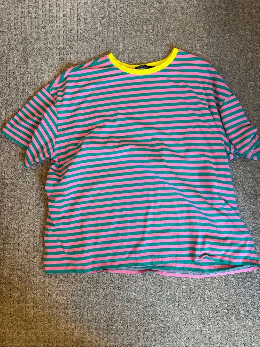 Striped Short Sleeve Tee with Yellow Trim - Pink & Teal